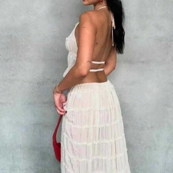 Beige Boho Women's Sexy Backless pleated Transparent Halter Neck top & skirt set - Picture 5 of 8